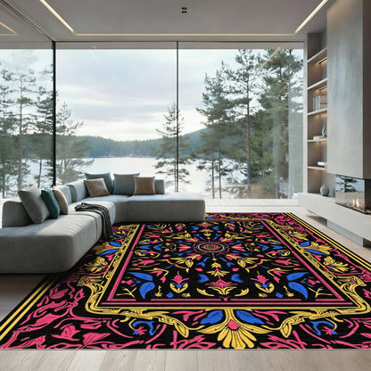 Vibrant Floral Medallion Black Rug