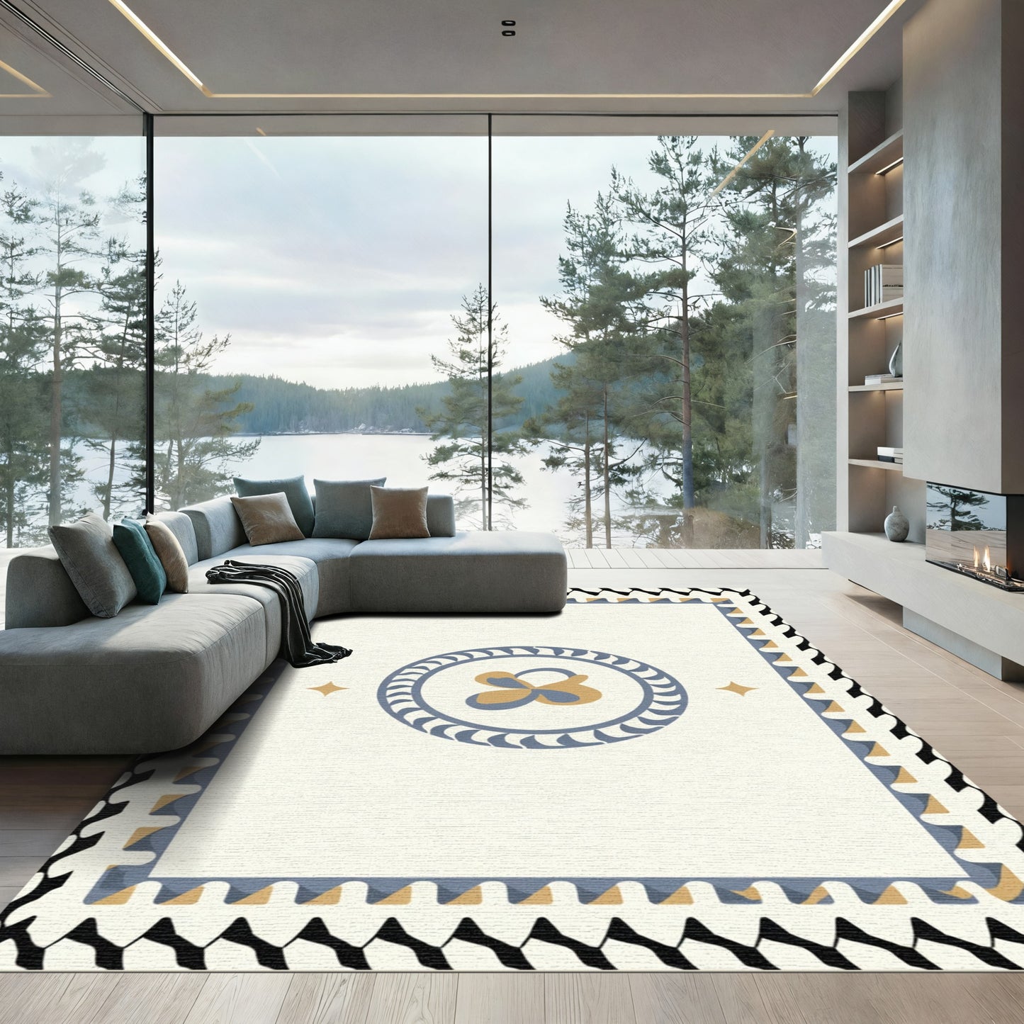 Cream Blue Gold Abstract Medallion Rug