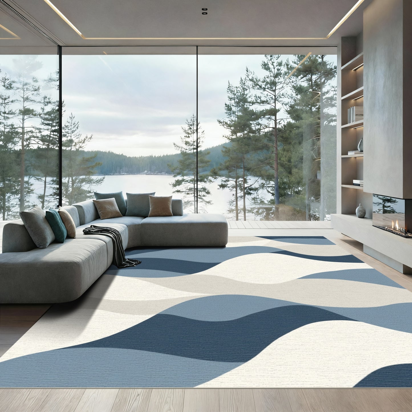 Deep Blue Serene Landscape Waves Rug