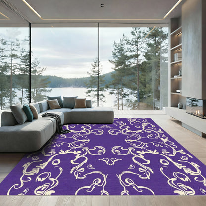 Ornate Cream Swirls on Violet Field Rug