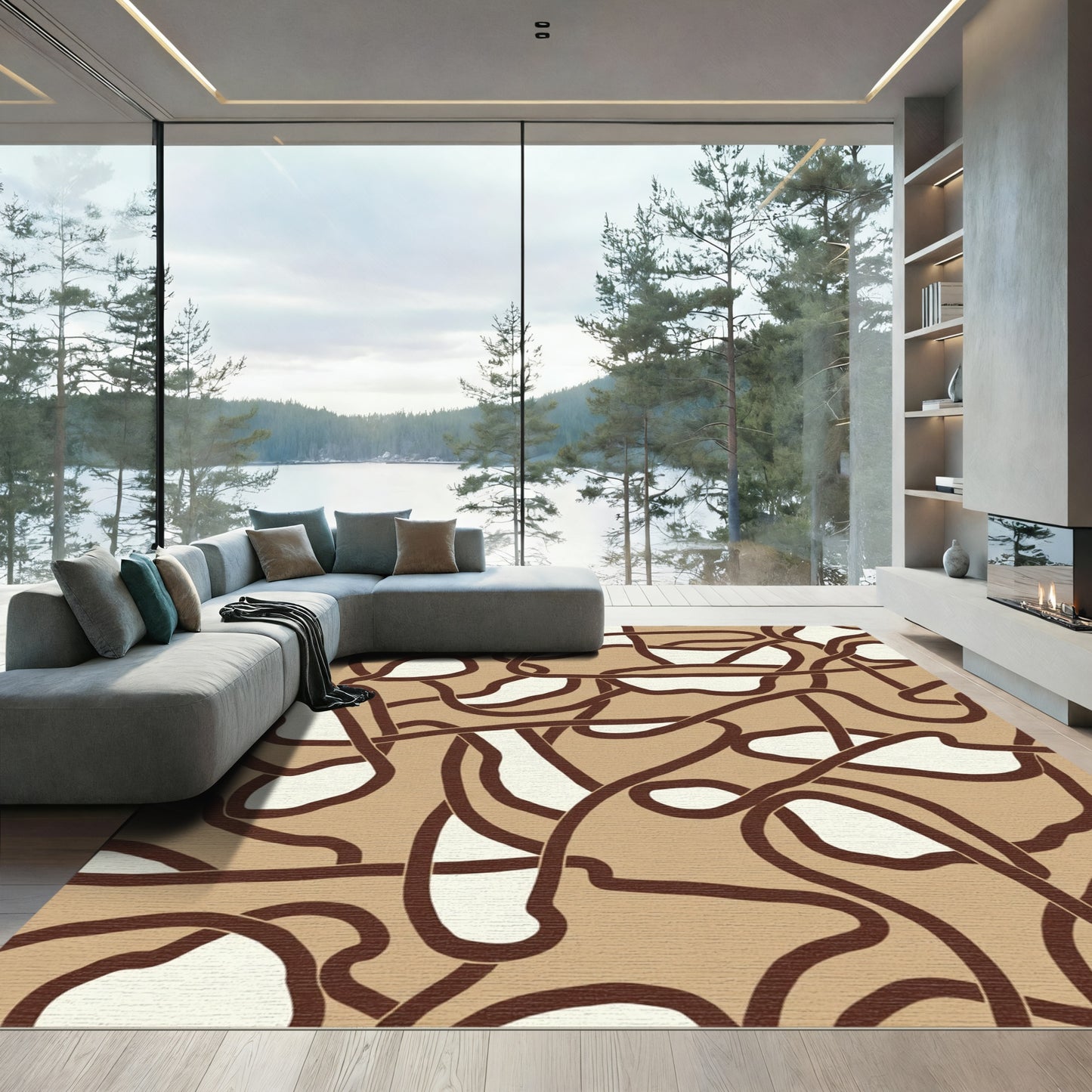 Brown Tan Abstract Intertwined Lines Rug