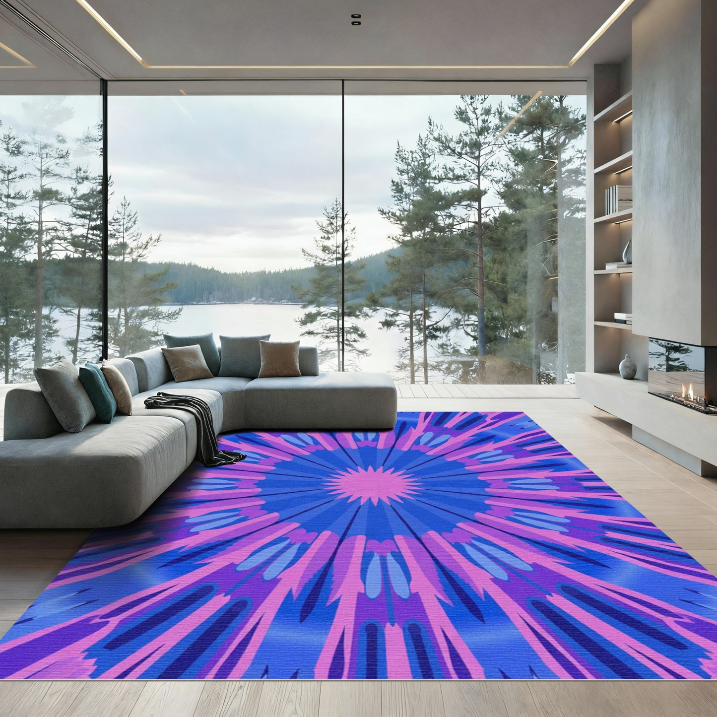Radiant Blue Pink Sunburst Mandala Rug