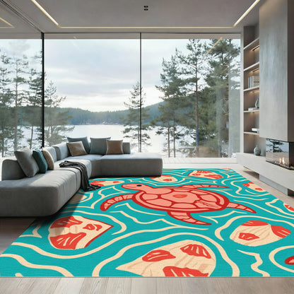 Coral Turtle Waves Ocean Aquatic Rug