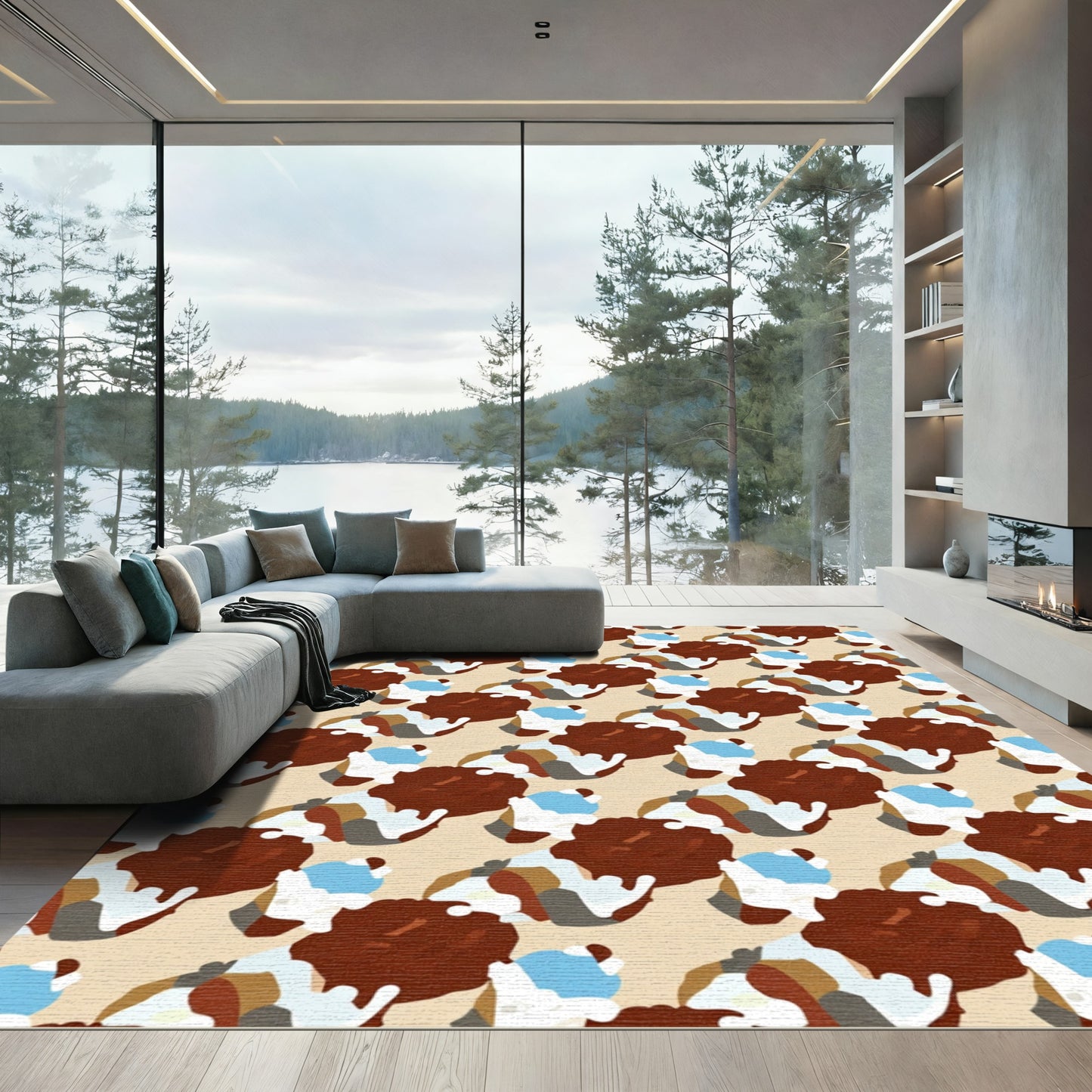 Ornate Brown White Blue Abstract Repeat Rug
