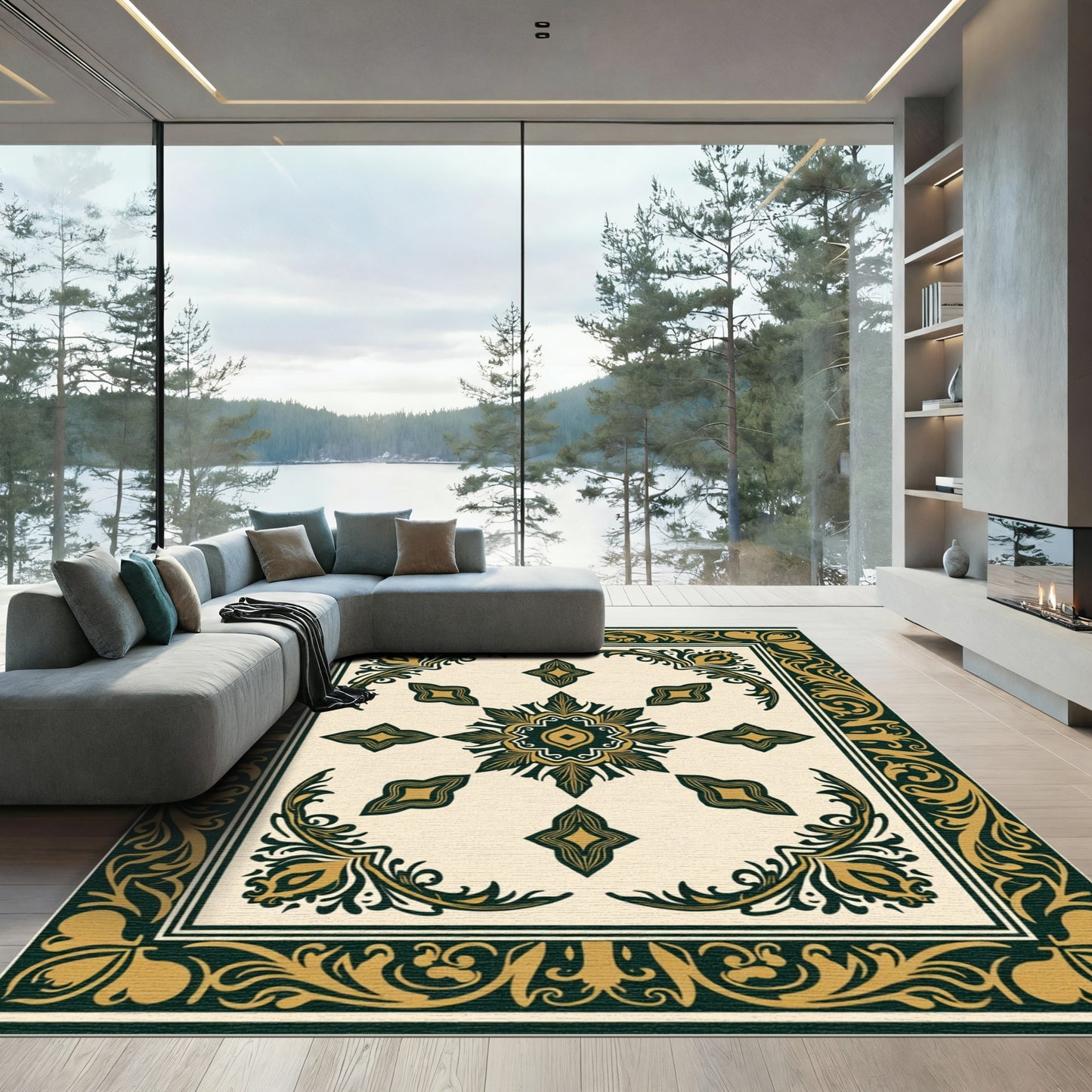 Gold Green Ornamental Floral Medallion Rug
