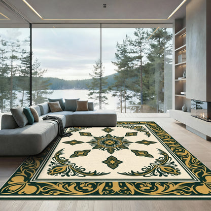Gold Green Ornamental Floral Medallion Rug