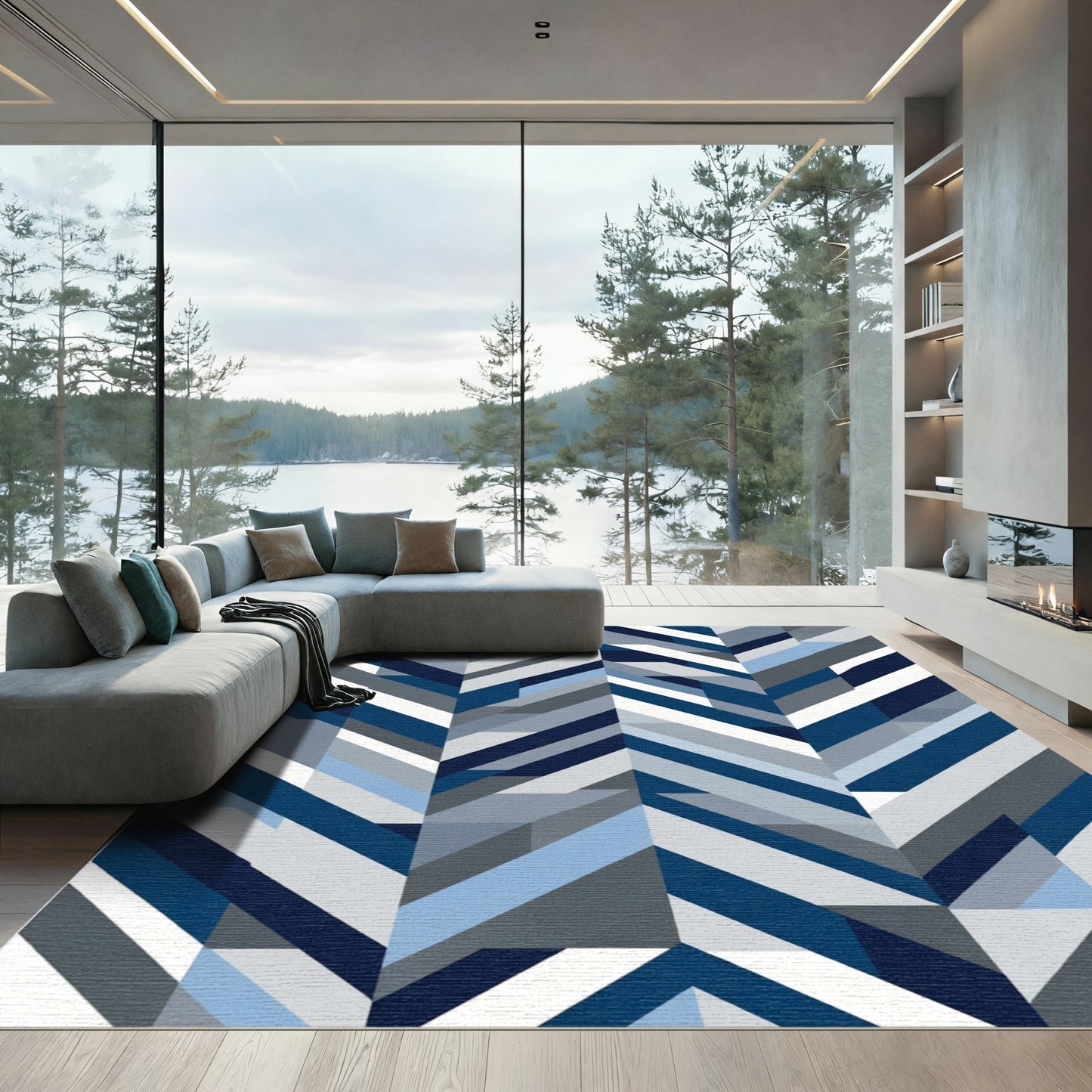 Geometric Herringbone Blue Gray Rug