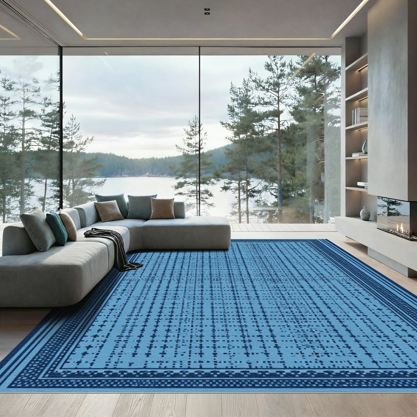 Indigo Blue Textured Grid Rug