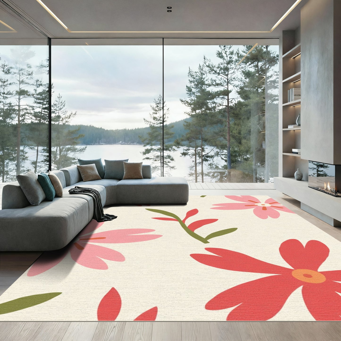 Cream Red Pink Floral Meadow Rug