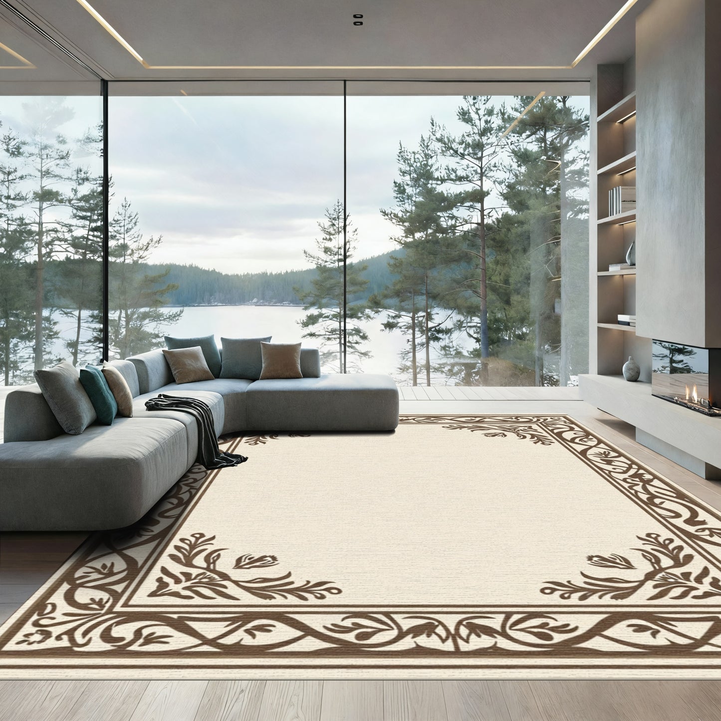 Brown Floral Scroll Border Rug