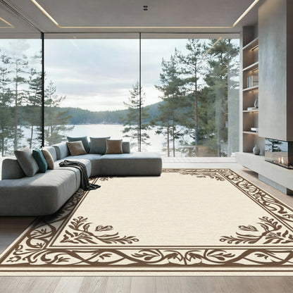 Brown Floral Scroll Border Rug