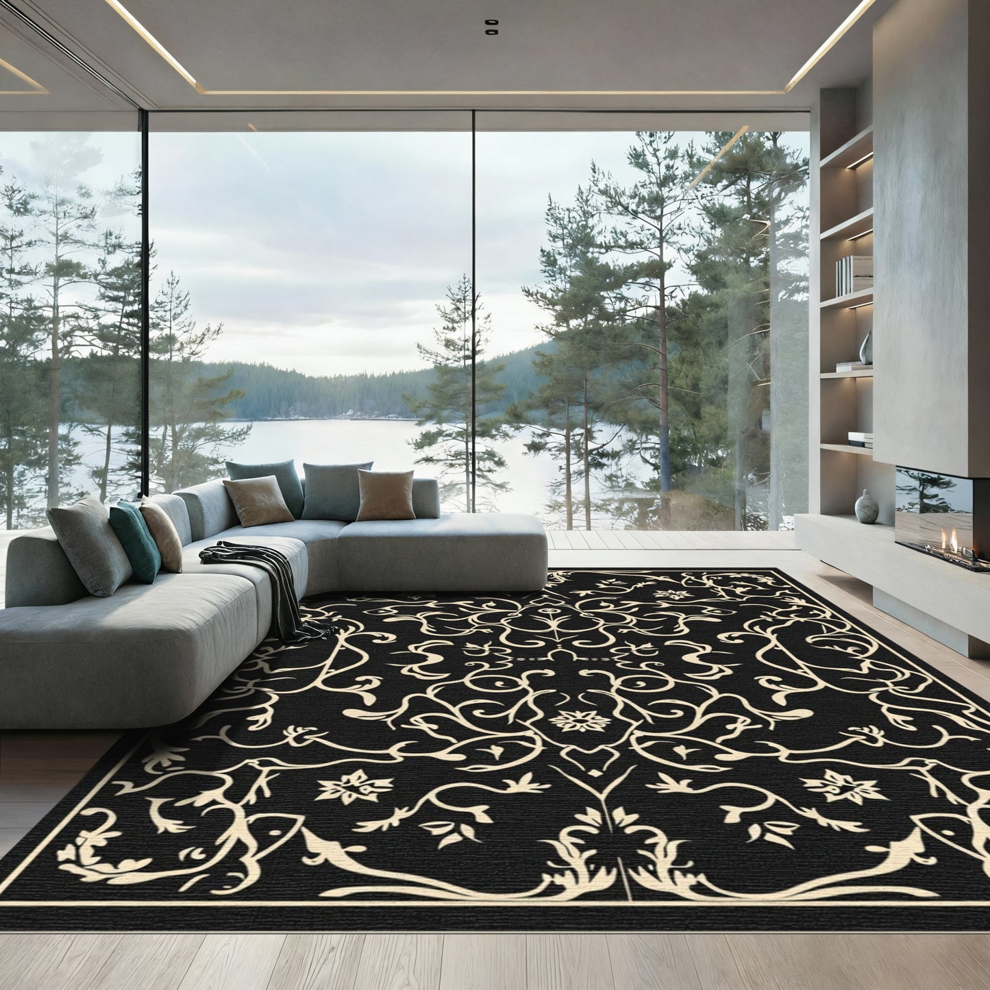 Cream Black Floral Arabesque Rug