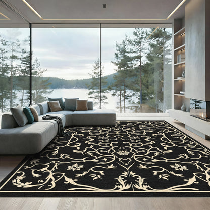 Cream Black Floral Arabesque Rug