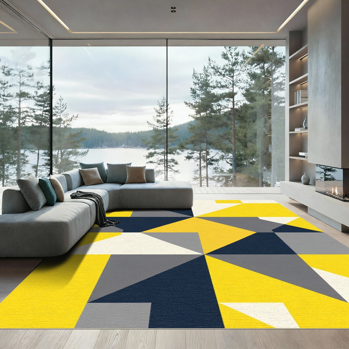 Yellow Navy Gray Geometric Squares Rug
