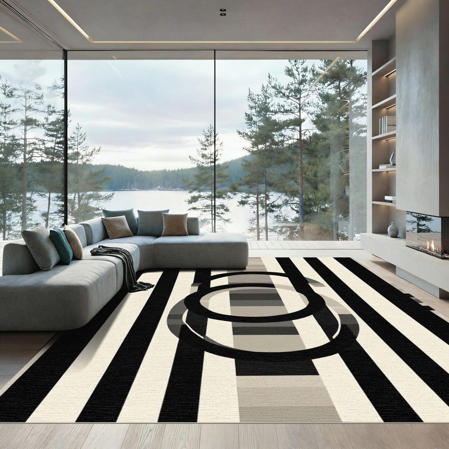 Monochrome Stripes Abstract Circles Rug