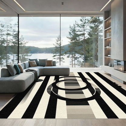 Monochrome Stripes Abstract Circles Rug