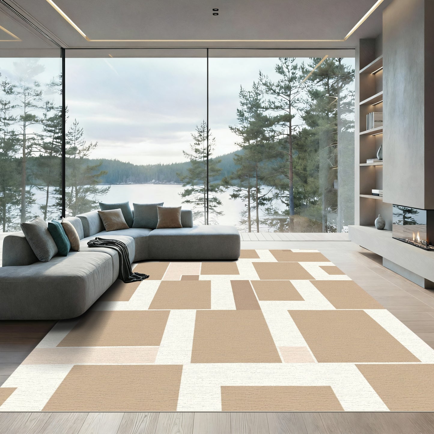 Minimalist Beige Geometric Squares Rug