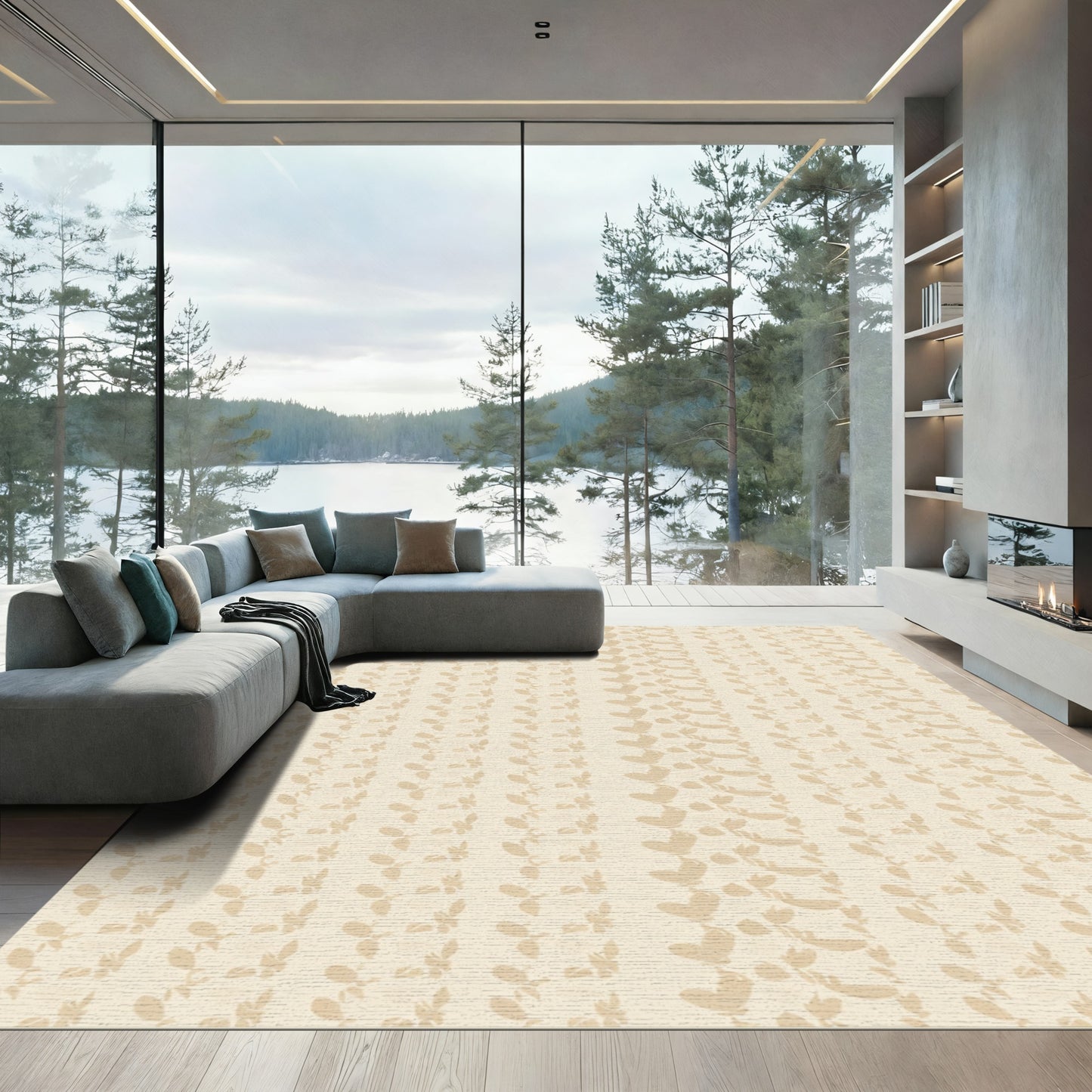 Soft Beige Vertical Heart Leaf Trail Rug