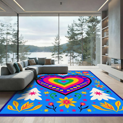 Vibrant Rainbow Heart Floral Trees Rug