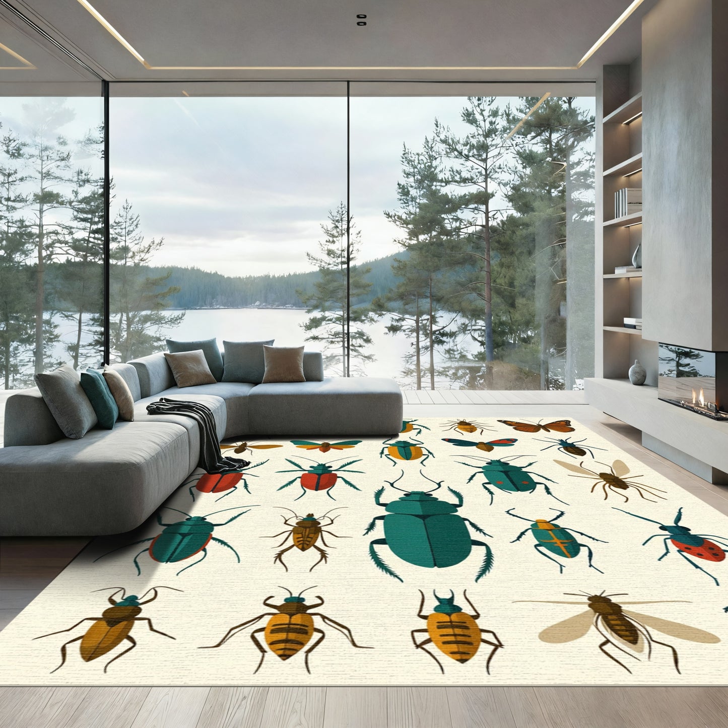 Teal Orange Insect Collection Art Rug