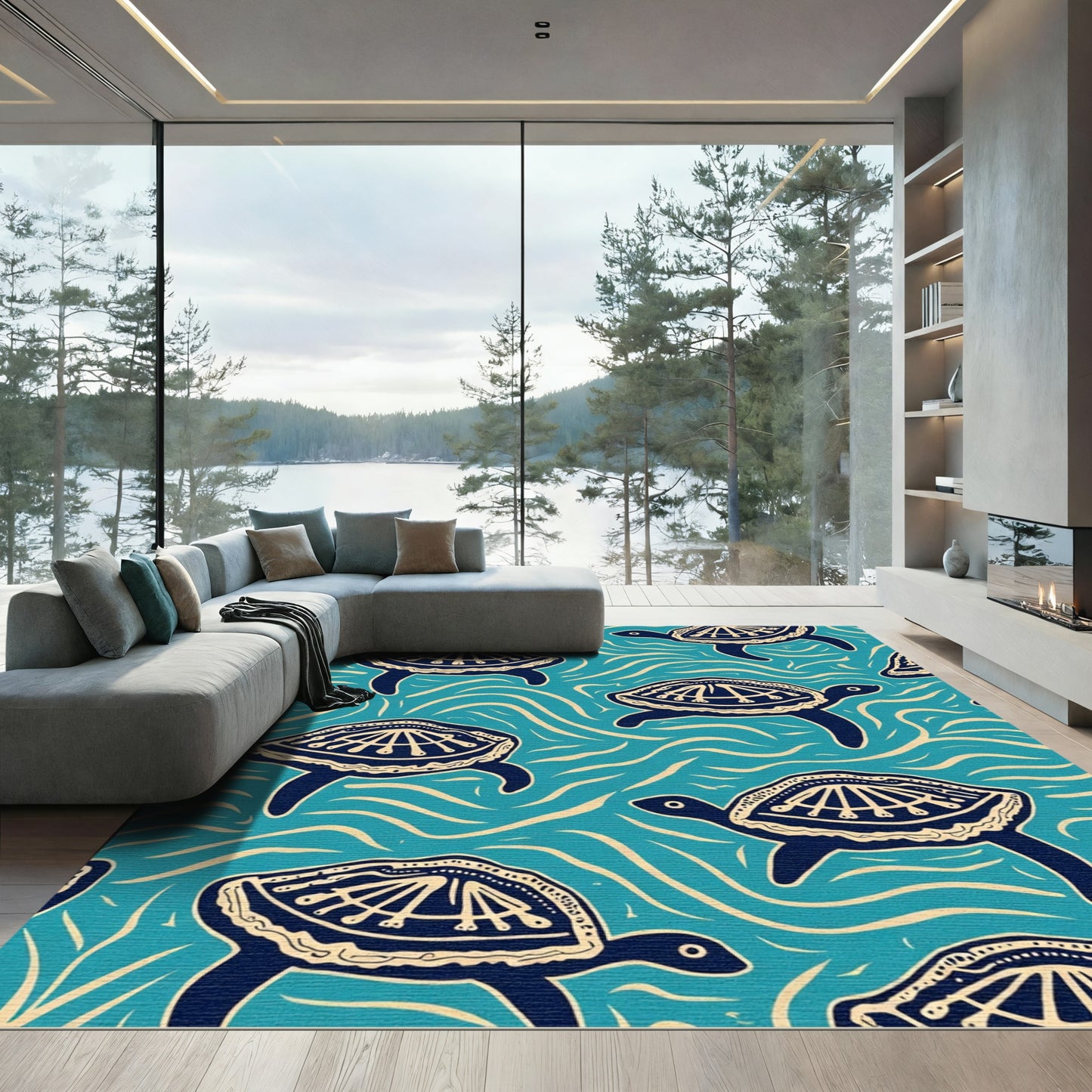 Navy Blue Turtle Ocean Waves Rug