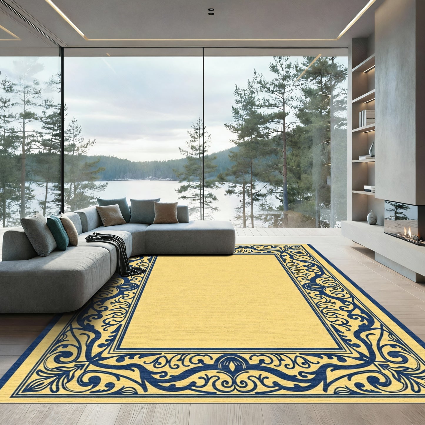 Classic Navy Floral Inset Frame Rug