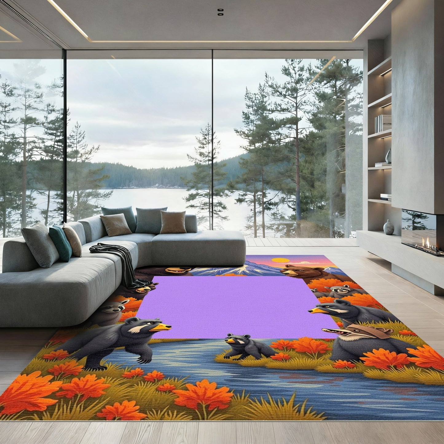 Whimsical Bear Mountain River Autumn Scene Rug