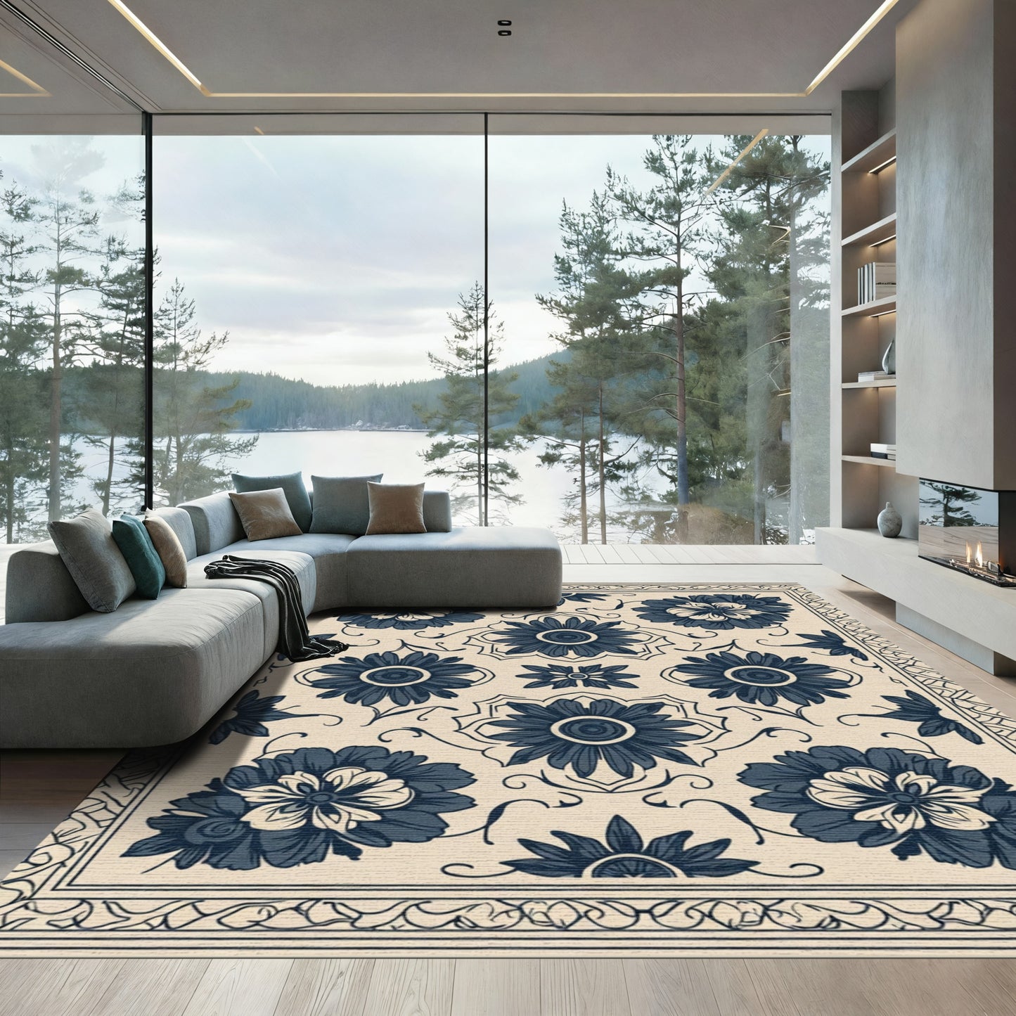 Navy Blue Floral Medallion Composition Rug