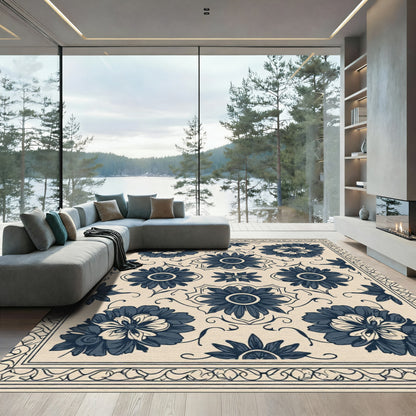 Navy Blue Floral Medallion Composition Rug