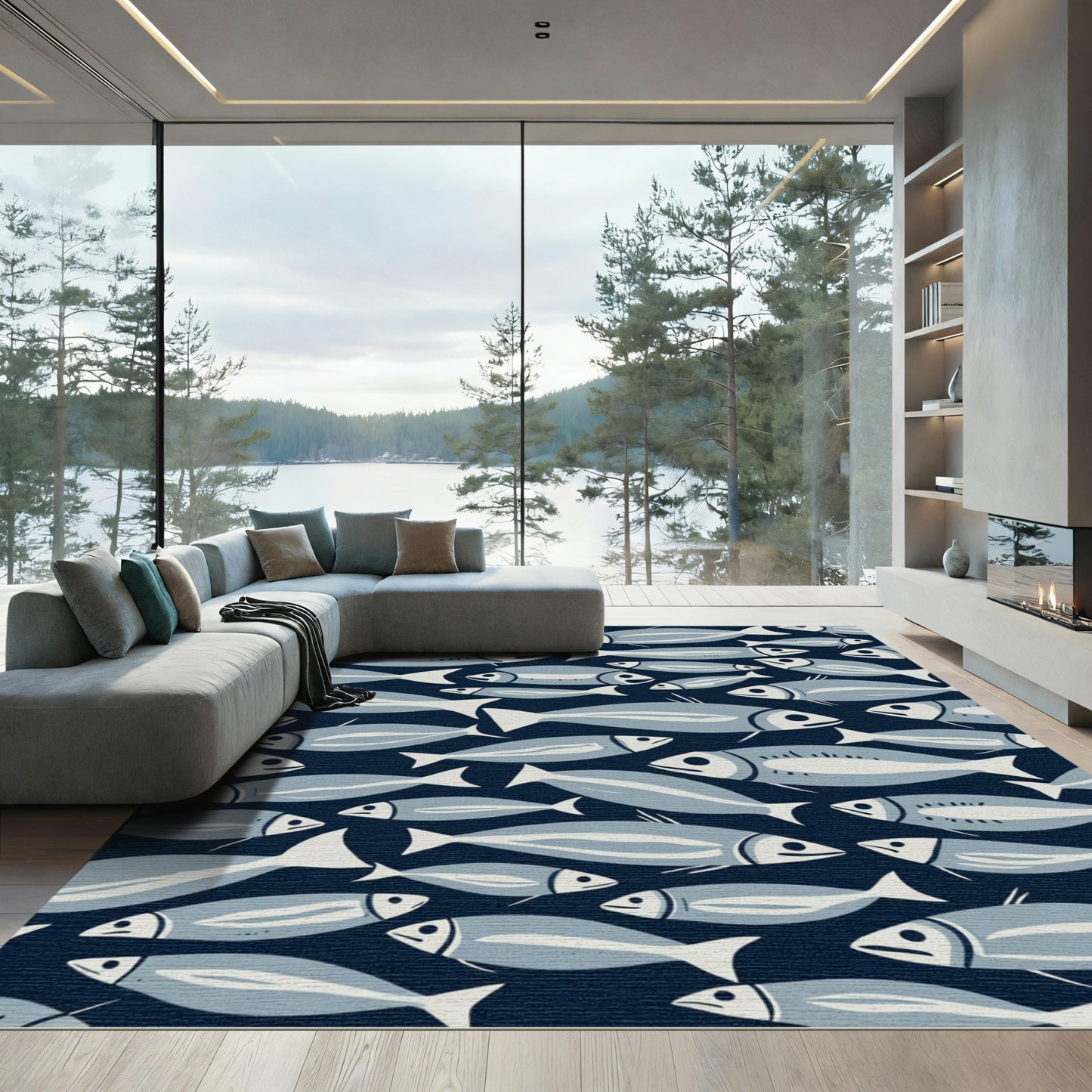 School of Fish Blue Background Rug