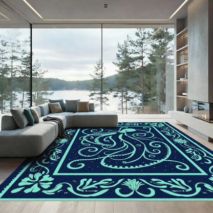 Teal Octopus Swirl Border Rug