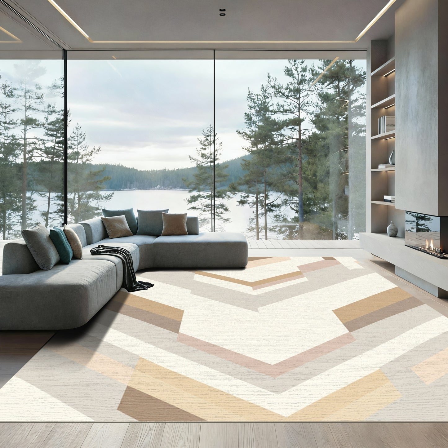 Neutral Geometric Chevron Angle Rug