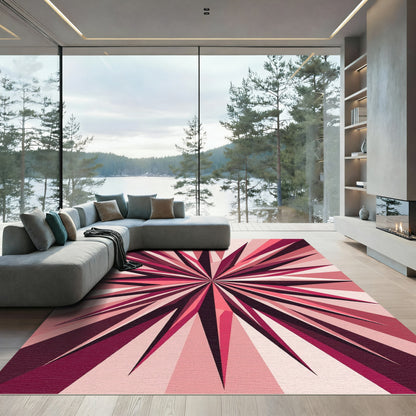Radiant Crimson Sunburst Geometric Rug