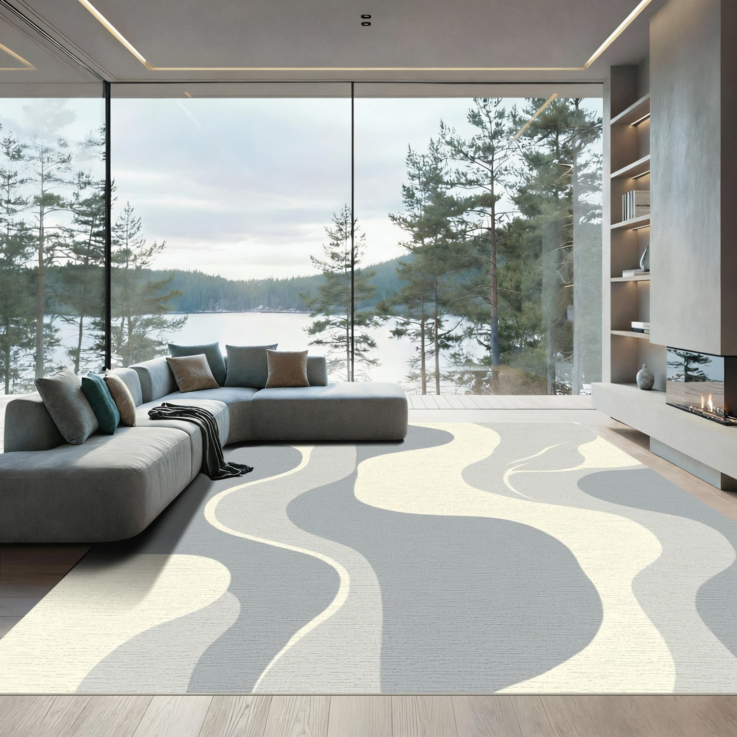 Cream Gray Abstract Flowing Waves Rug