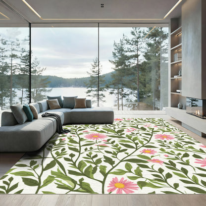 Delicate Pink Daisy Garden Vines Rug