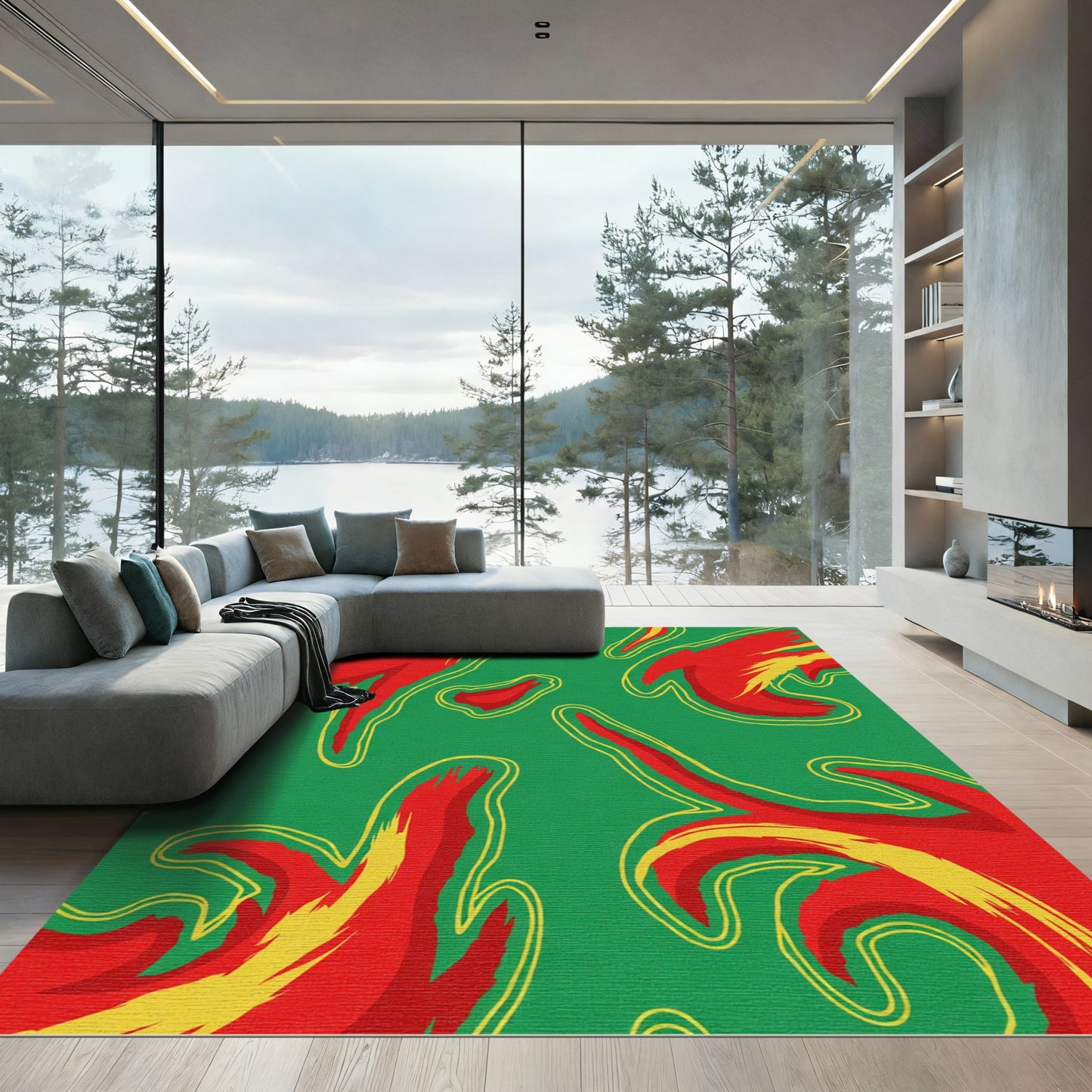 Vibrant Green Flowing Fire Shape Rug