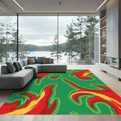 Vibrant Green Flowing Fire Shape Rug