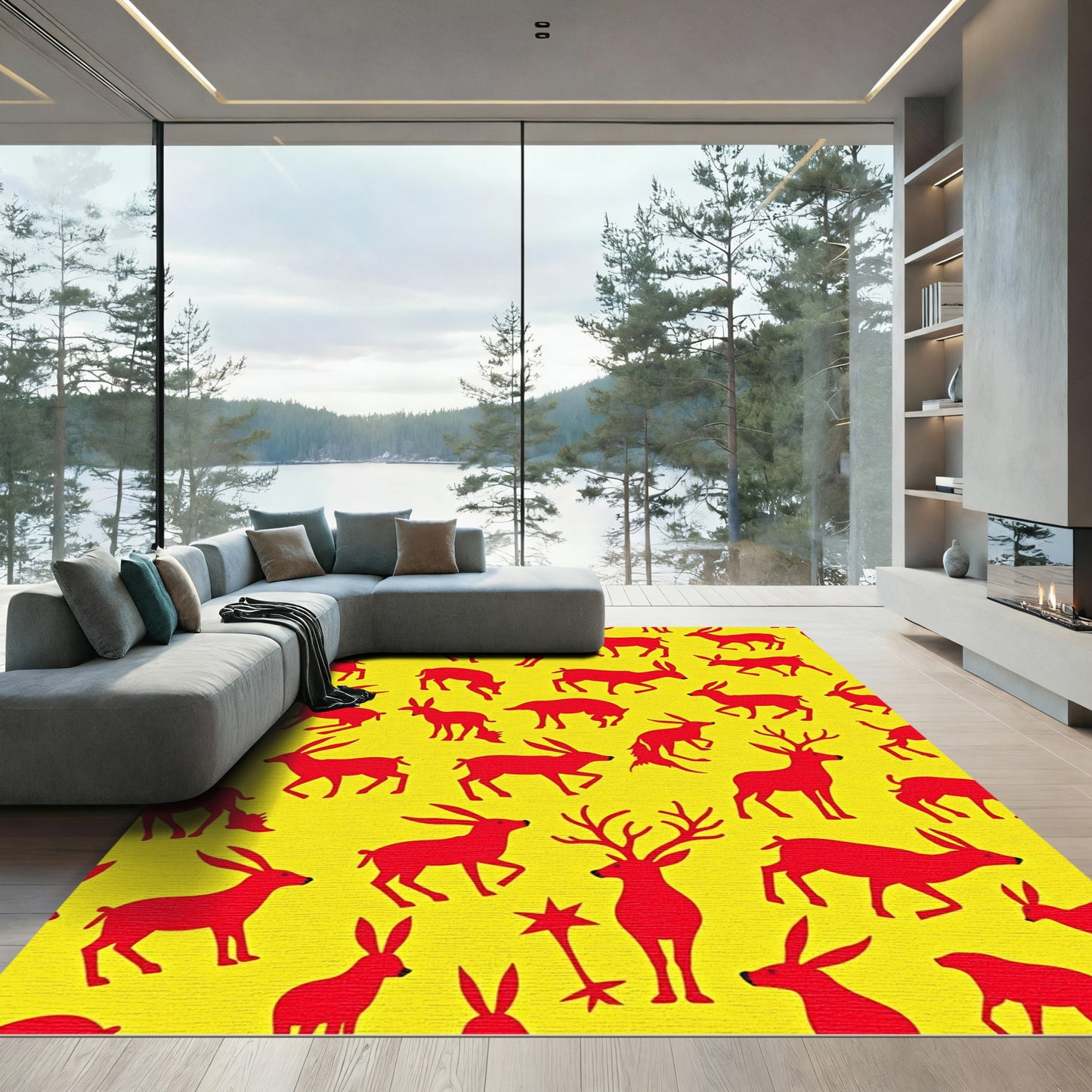Red Deer and Hare Yellow Repeating Rug