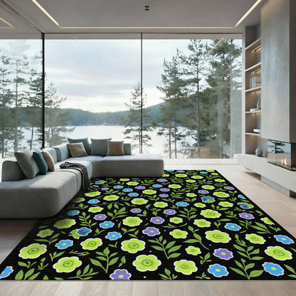 Whimsical Green Floral Garden Pattern Rug