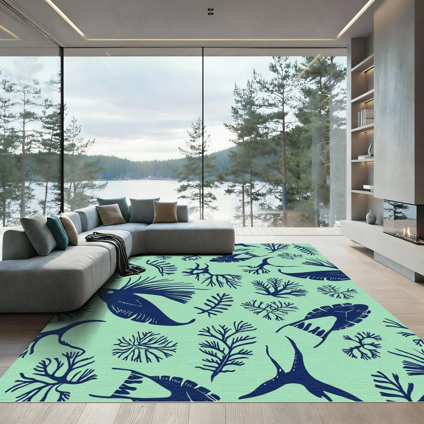 Deep Blue Marine Flora Scatter Rug