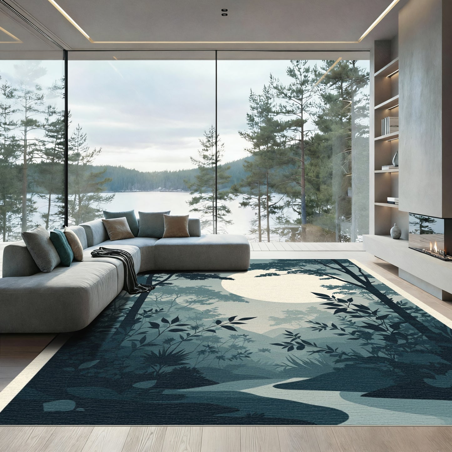 Misty Blue Forest Moonlit River Scene Rug