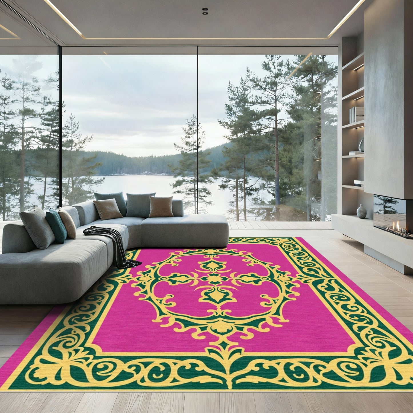 Floral Magenta Geometric Scroll Rug
