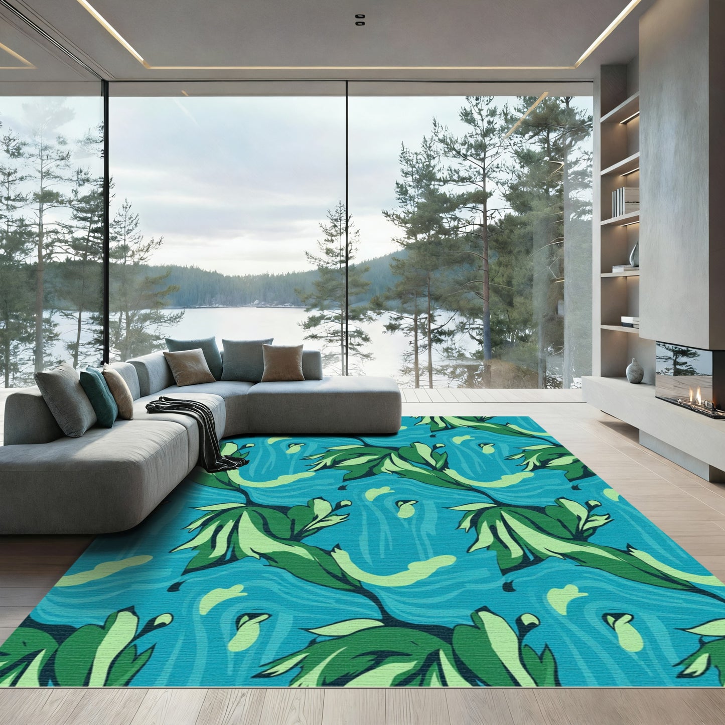 Emerald Green Teal Leaf Swirl Rug