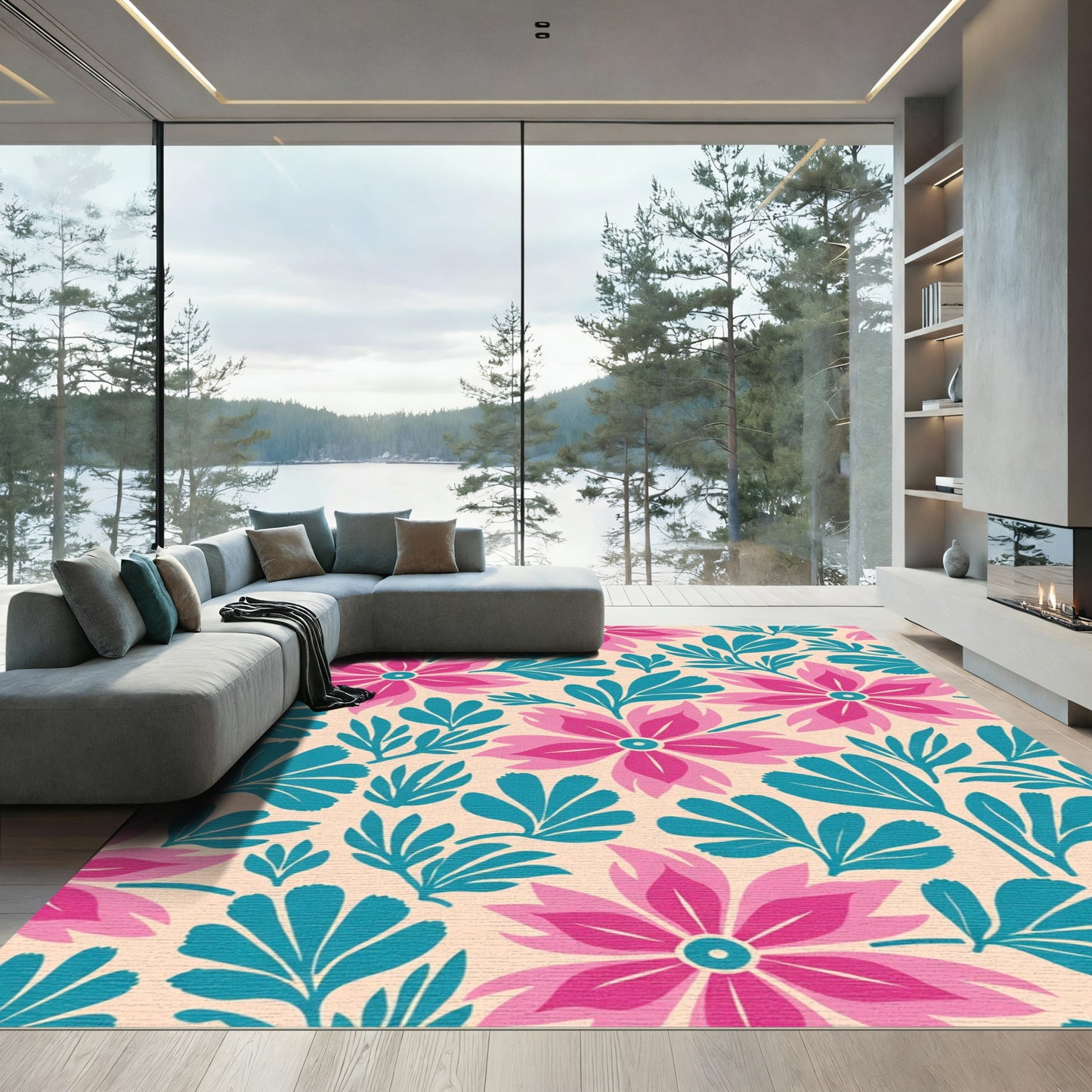 Bright Pink Teal Floral Foliage Rug