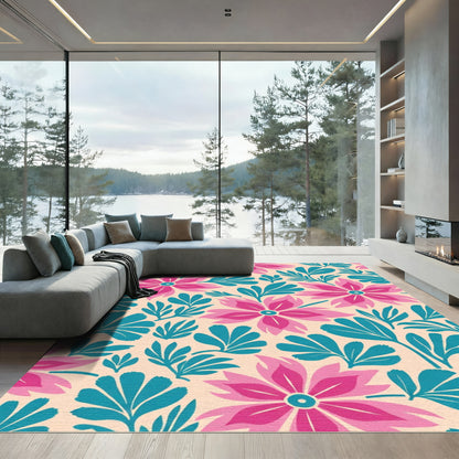Bright Pink Teal Floral Foliage Rug