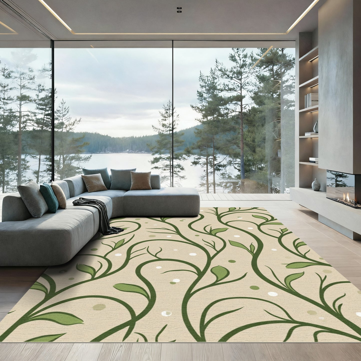 Green Vine Swirls Beige Backdrop Rug