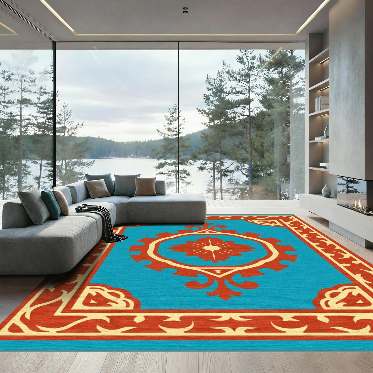 Crimson Blue Floral Medallion Border Rug