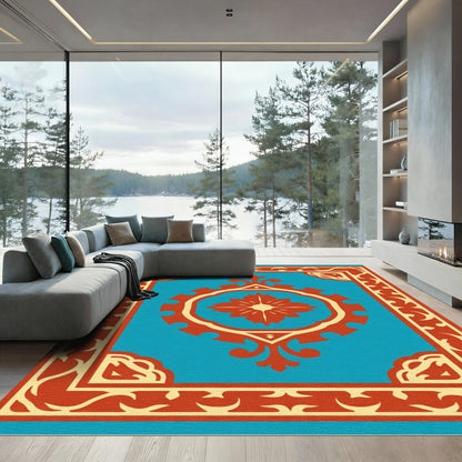 Crimson Blue Floral Medallion Border Rug