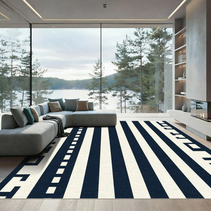 Dark Blue Ivory Bold Stripe Border Rug