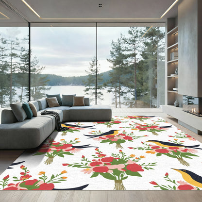 Charming Yellow Bird Red Floral Bouquet Rug